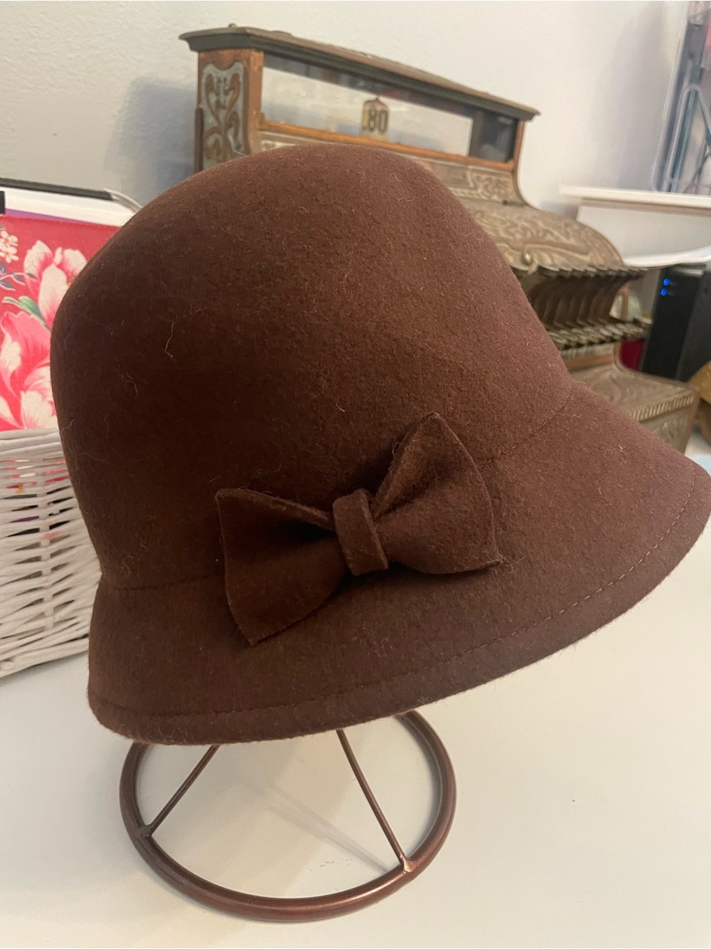 Brown 100% wool Cloche Hat with Bow